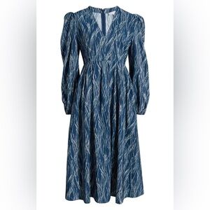 CHELSEA28 Pleated Puff Shoulder Long Sleeve Midi Dress Blue White Printed XL